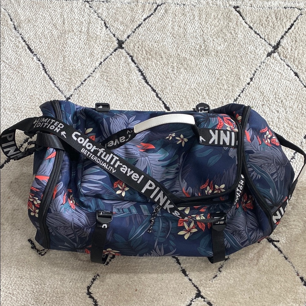 Faux PINK Colorful Travel Duffel Bag with Floral Design